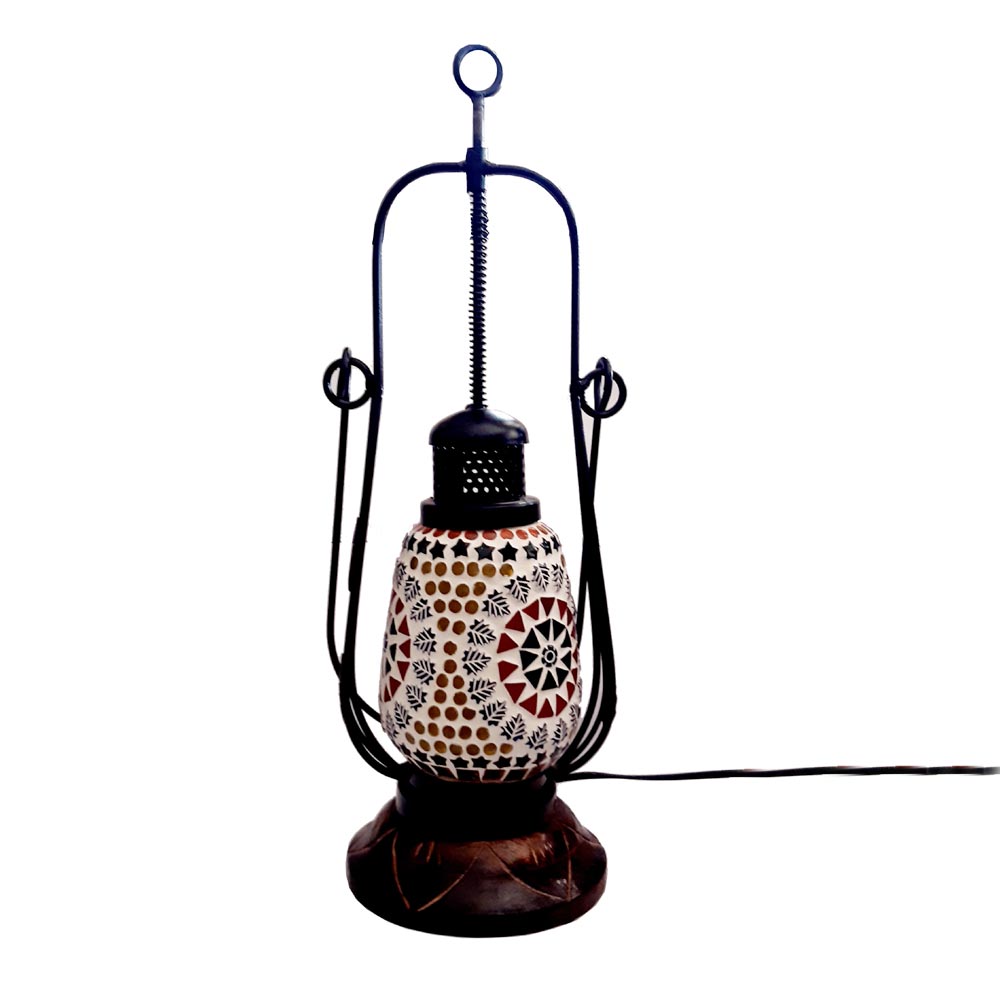 Handcrafted lantern-shaped lamp with detailed mosaic work and small crystals for elegant home lighting.