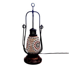 Handcrafted lantern-shaped lamp with detailed mosaic work and small crystals for elegant home lighting.