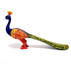 Hand-painted metal peacock idol featuring exquisite meenakari artwork and long elegant wings