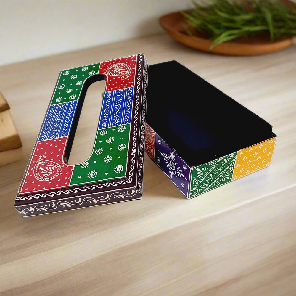 Hand-painted wooden tissue box with vibrant traditional designs, perfect for home, office, or car decor.