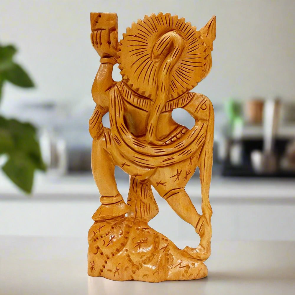 Hand-carved wooden Hanuman statue with detailed workmanship holding mountain and mace