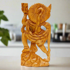 Hand-carved wooden Hanuman statue with detailed workmanship holding mountain and mace