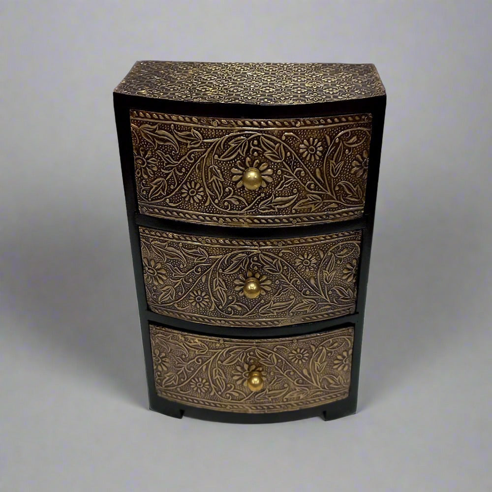 Handcrafted vintage wooden and metal drawer box featuring intricate flower leaf pattern on antique metal sheets.