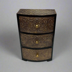 Handcrafted vintage wooden and metal drawer box featuring intricate flower leaf pattern on antique metal sheets.