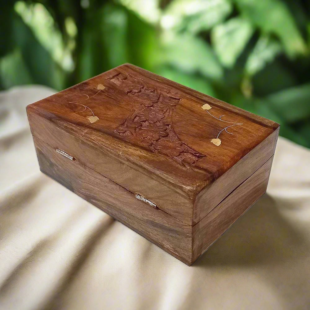 Traditional brass work wooden box (15x10x6cm) – elegant jewelry storage with protective velvet interior.