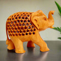 Handcrafted wooden elephant statue with high trunk and lattice jali design from Jaipur