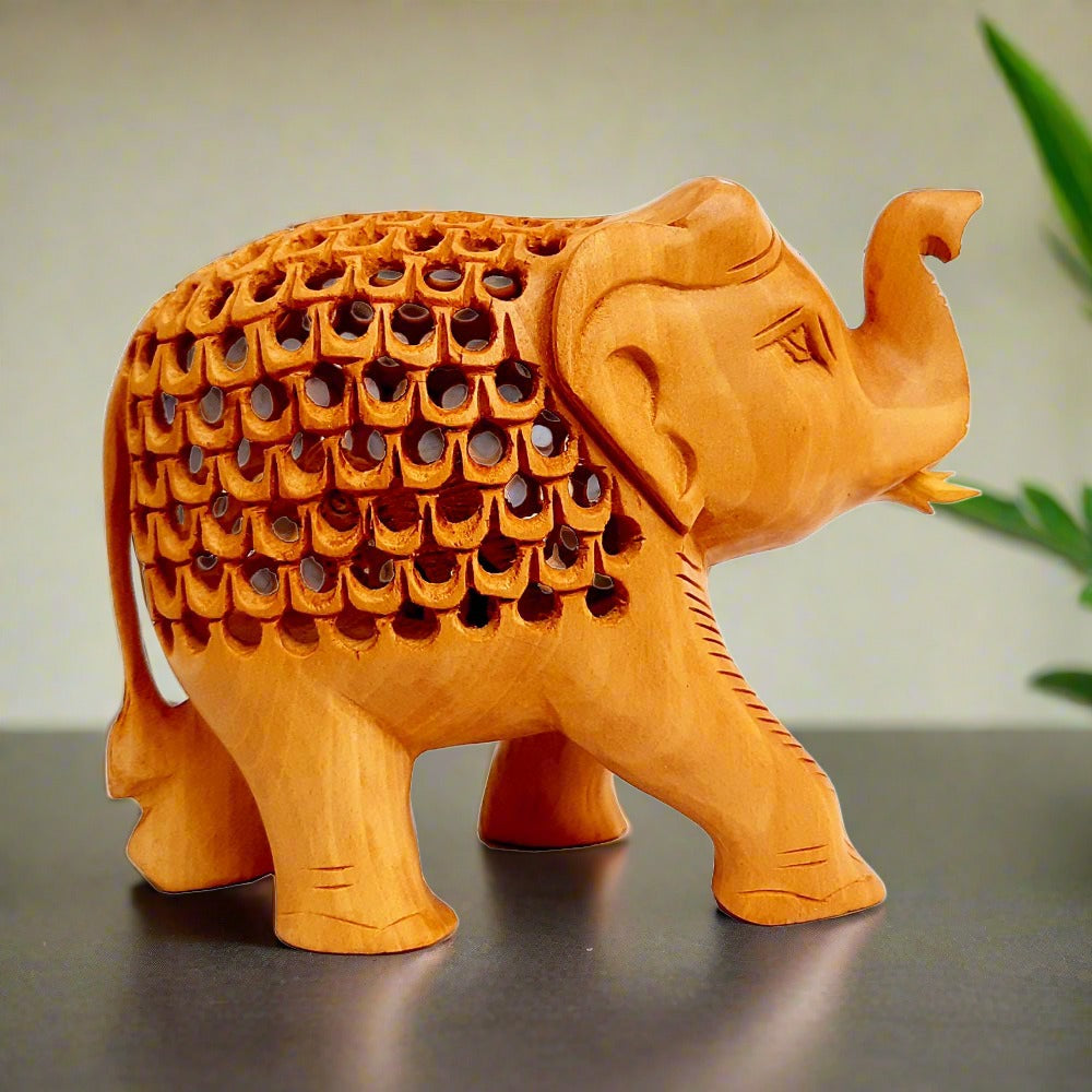 Handcrafted wooden elephant statue with high trunk and lattice jali design from Jaipur