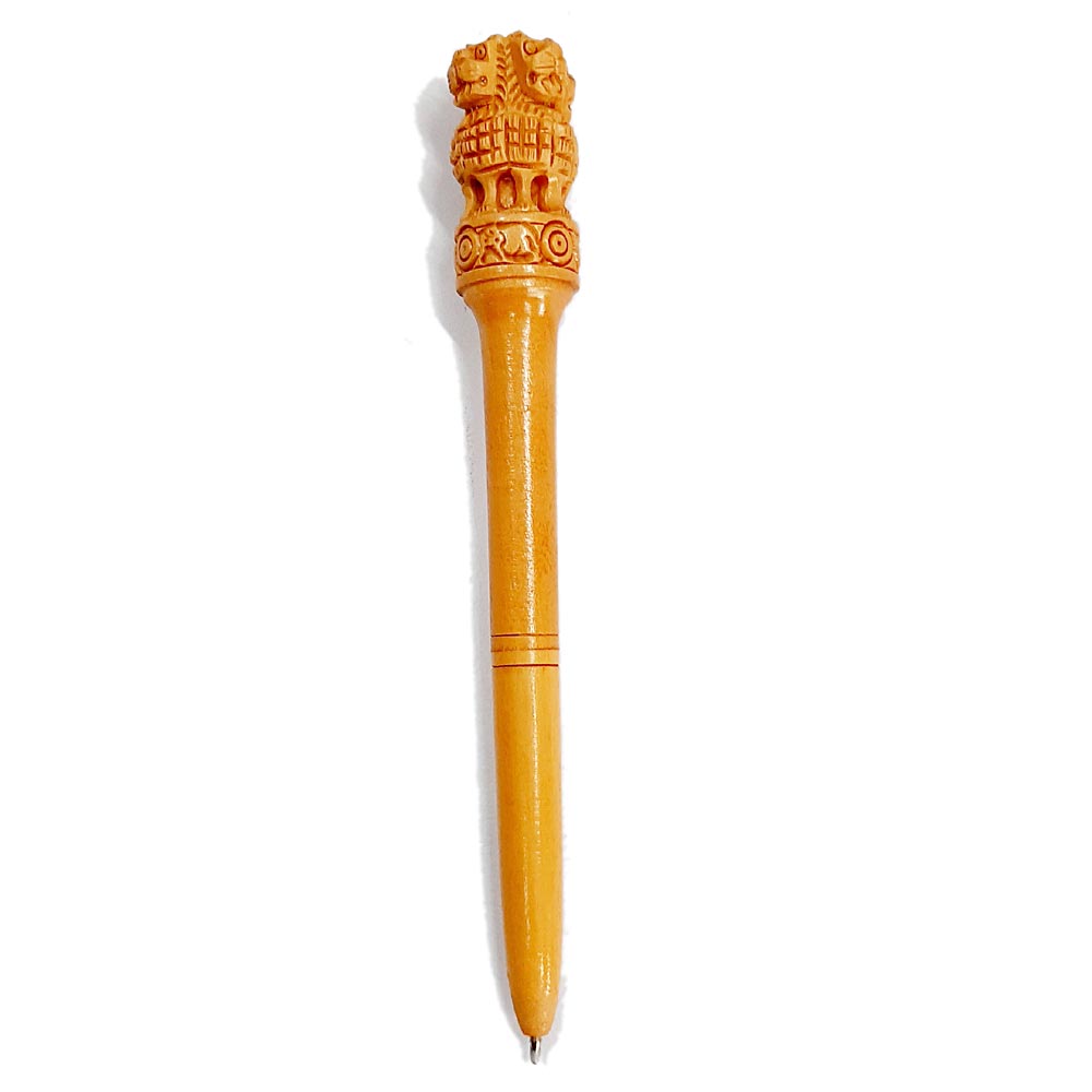 Handmade wooden pen adorned with national emblem Ashoka symbol, perfect for gifting and office use.