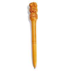 Handmade wooden pen adorned with national emblem Ashoka symbol, perfect for gifting and office use.