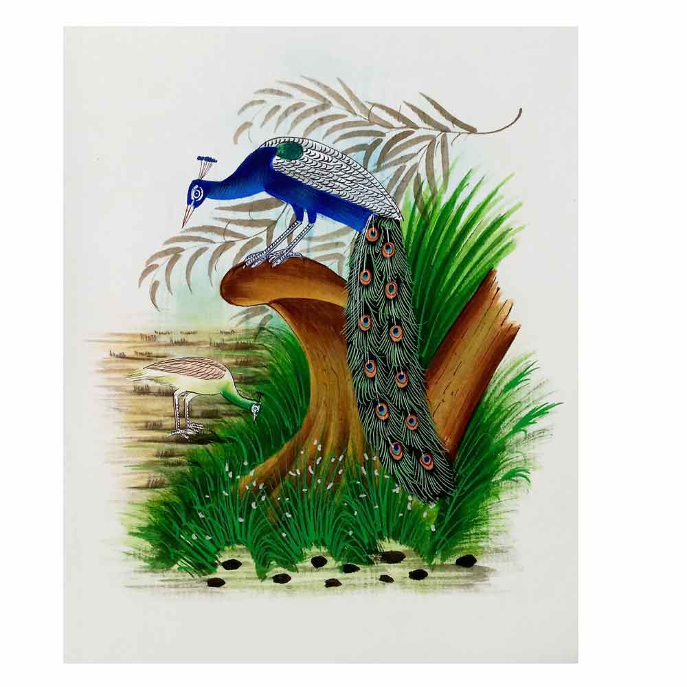 Front view vibrant peacock silk painting by rural India artisans fine work details