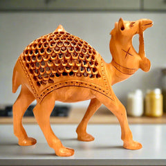 Handmade wooden camel figurine with exceptional craftsmanship, showcasing intricate carving and lattice work.
