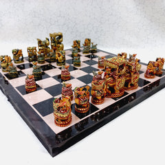 Handmade wooden chess set featuring Ambabari design elements inspired by royal Indian art, crafted with intricate details.

