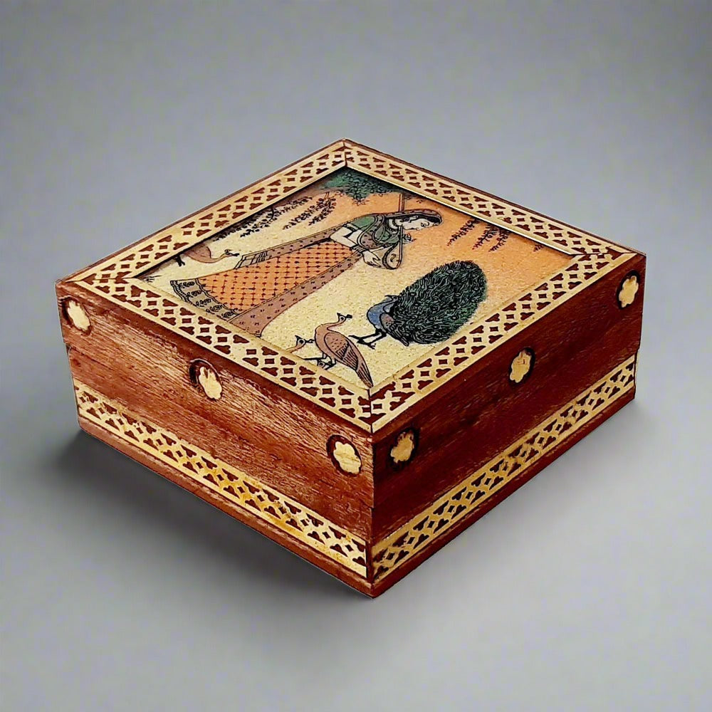 Handmade wooden jewel box decorated with pure brass border and gemstone lady design painting.