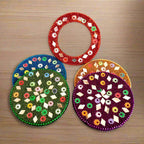 A handmade wooden makeup mirror with vibrant colors and superb finishing.