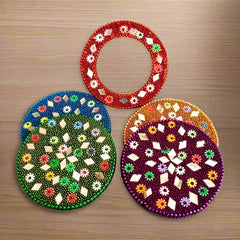 A handmade wooden makeup mirror with vibrant colors and superb finishing.