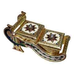 A handmade wooden dry fruit box with Meenakari painting, a beautiful home decor piece for your dining table.