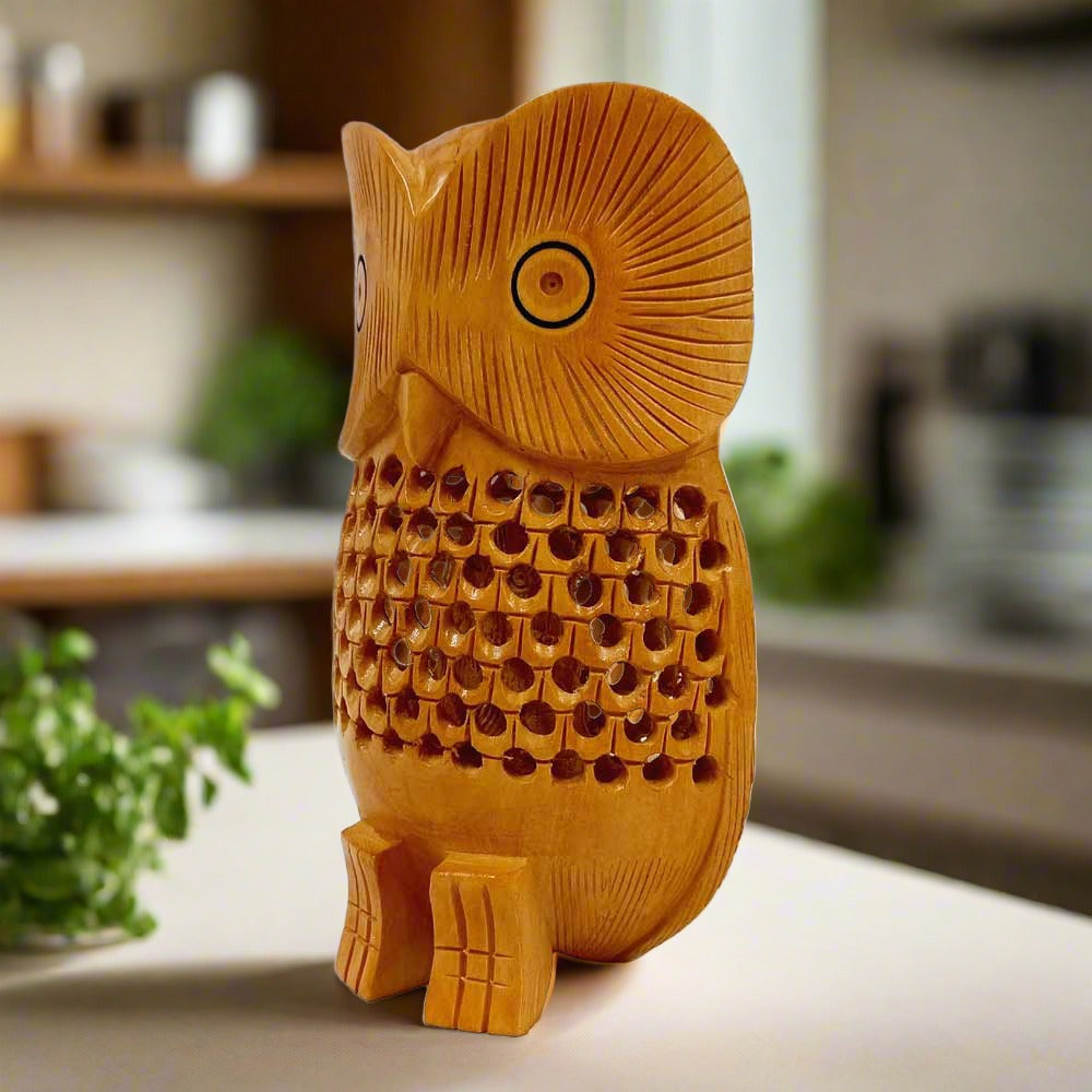 A handmade wooden owl figurine with fine workmanship, perfect for home decor and gifting.