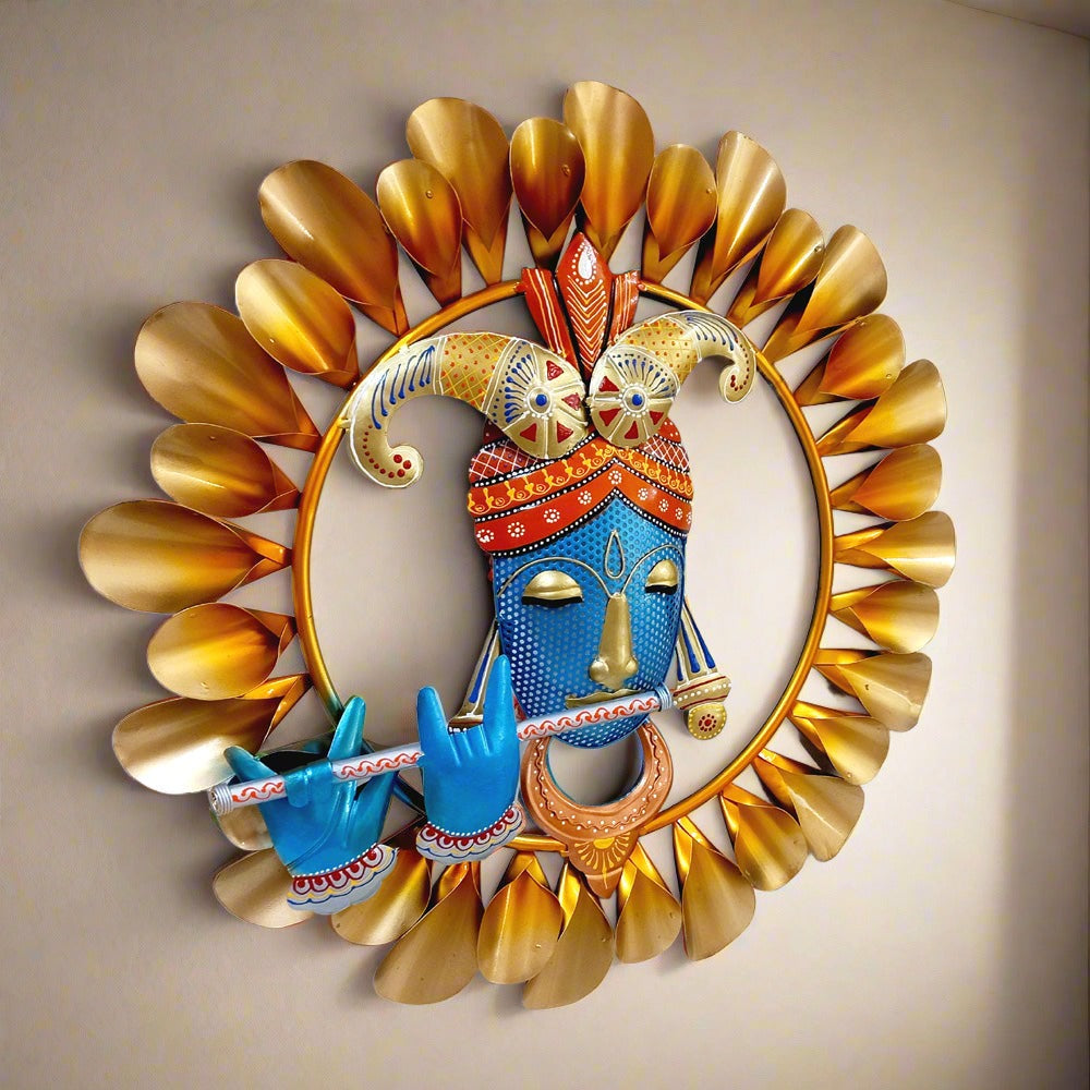  Hand-painted metal Krishna wall art with intricate design, perfect for adding charm to home walls.