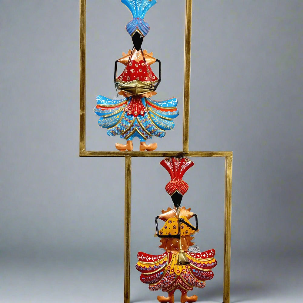  Hand-painted metal wall frame showcasing musicians with multi-colored instruments, traditional art from Rajasthan.