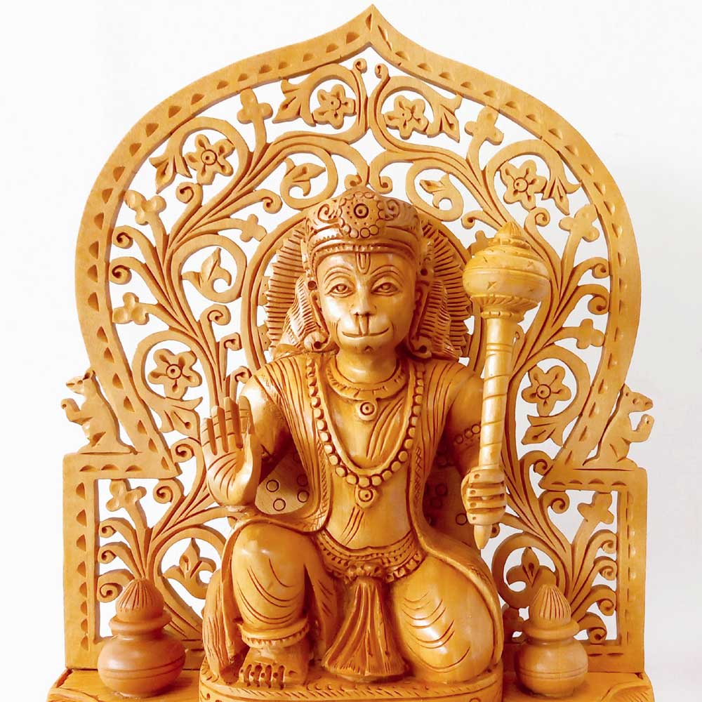 Traditional wooden Hanuman ji idol, ideal gift for handicraft lovers, perfect for home, office, or pooja room
