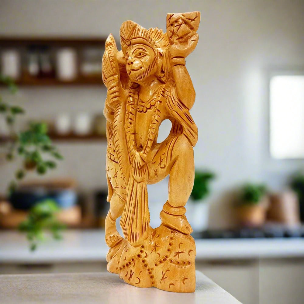 Wooden idol of Lord Hanuman standing, symbolizing happiness and peace in the home