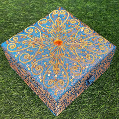  Heavy zardosi embroidered makeup box featuring sequins and golden wire work, crafted by skilled artists.