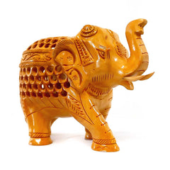 A lightweight wooden elephant statue with a high trunk and beautiful carvings.