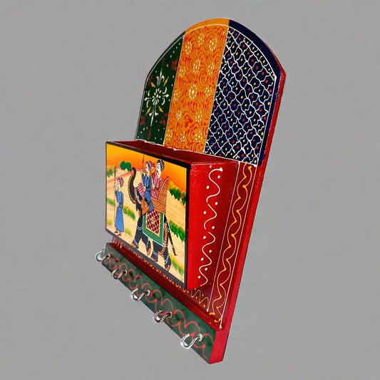 Side view 26x22x6cm wooden wall hanging key holder with top paper bill storage