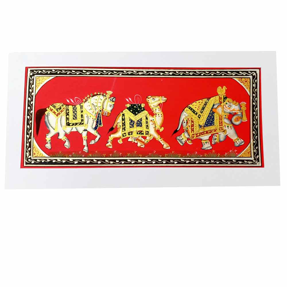 Front view spectacular horse camel elephant silk painting symbolizing love good luck
