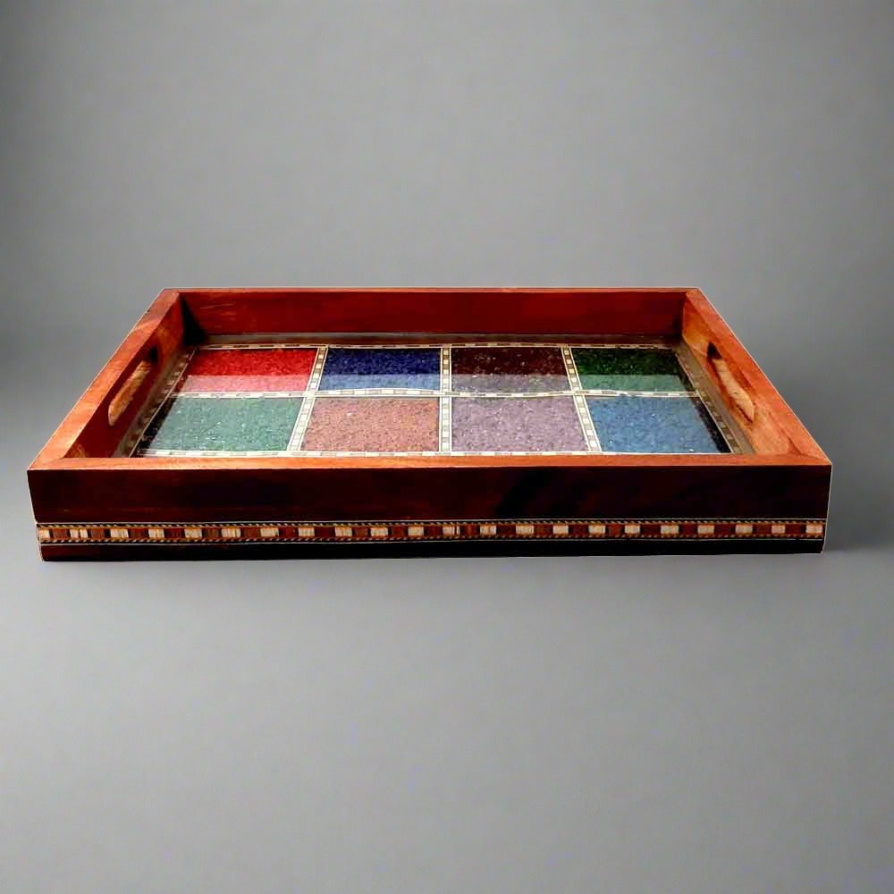 Imperial Jewel wooden serving tray side angle with multicolored gemstone design 28cm length