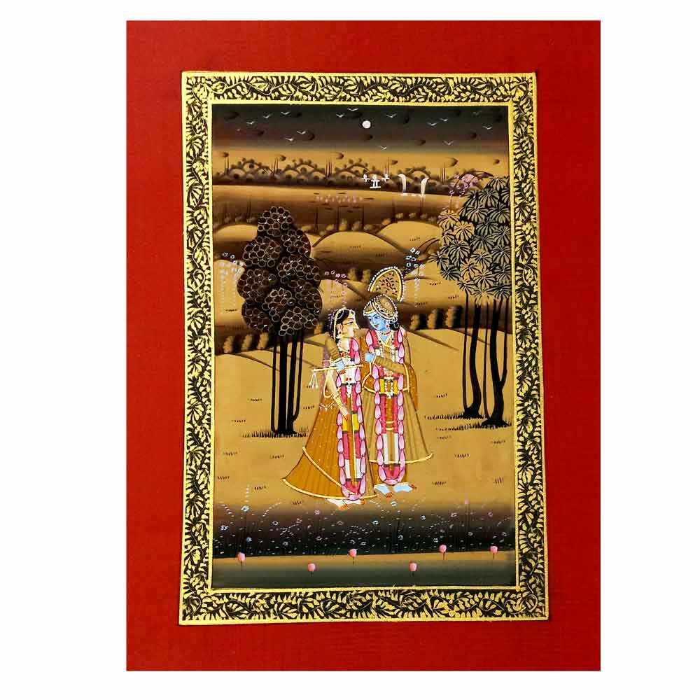 Front view rare handmade Radha Krishna silk miniature painting with squirrel hair brush details