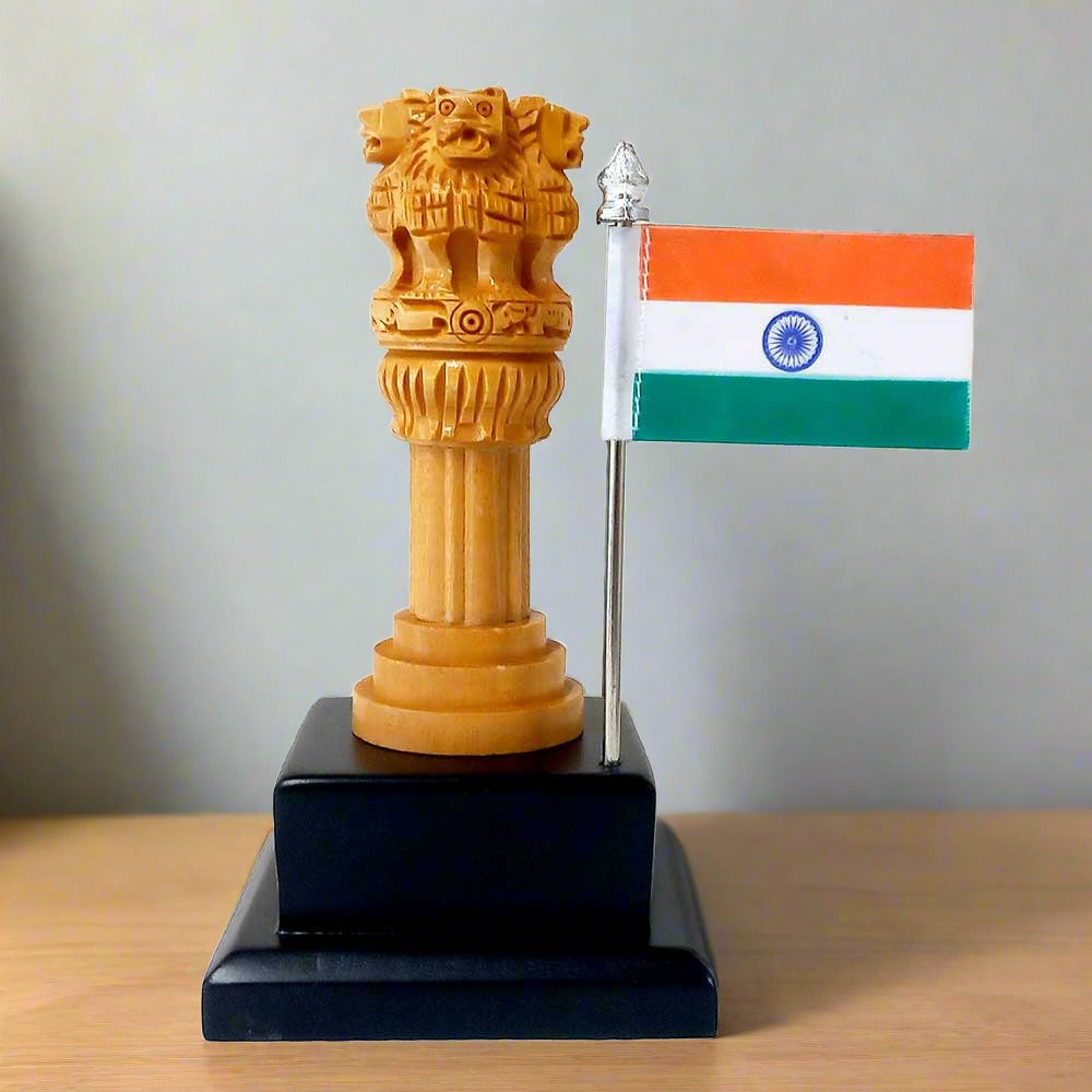 A small wooden Ashoka Pillar carved in Kadamba wood, a perfect national emblem gift.