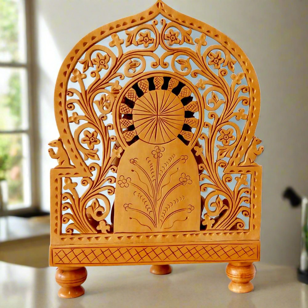 Handcrafted Kadamba wood Hanuman idol featuring detailed carvings and kalash on both sides