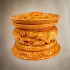 Front view of round Kadamba wood powder box with excellent bangle cut-threading workmanship