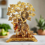 Handcrafted golden metal Krishna idol with cow & peacock – 20cm standing Kishan Ji for pooja room decor.
