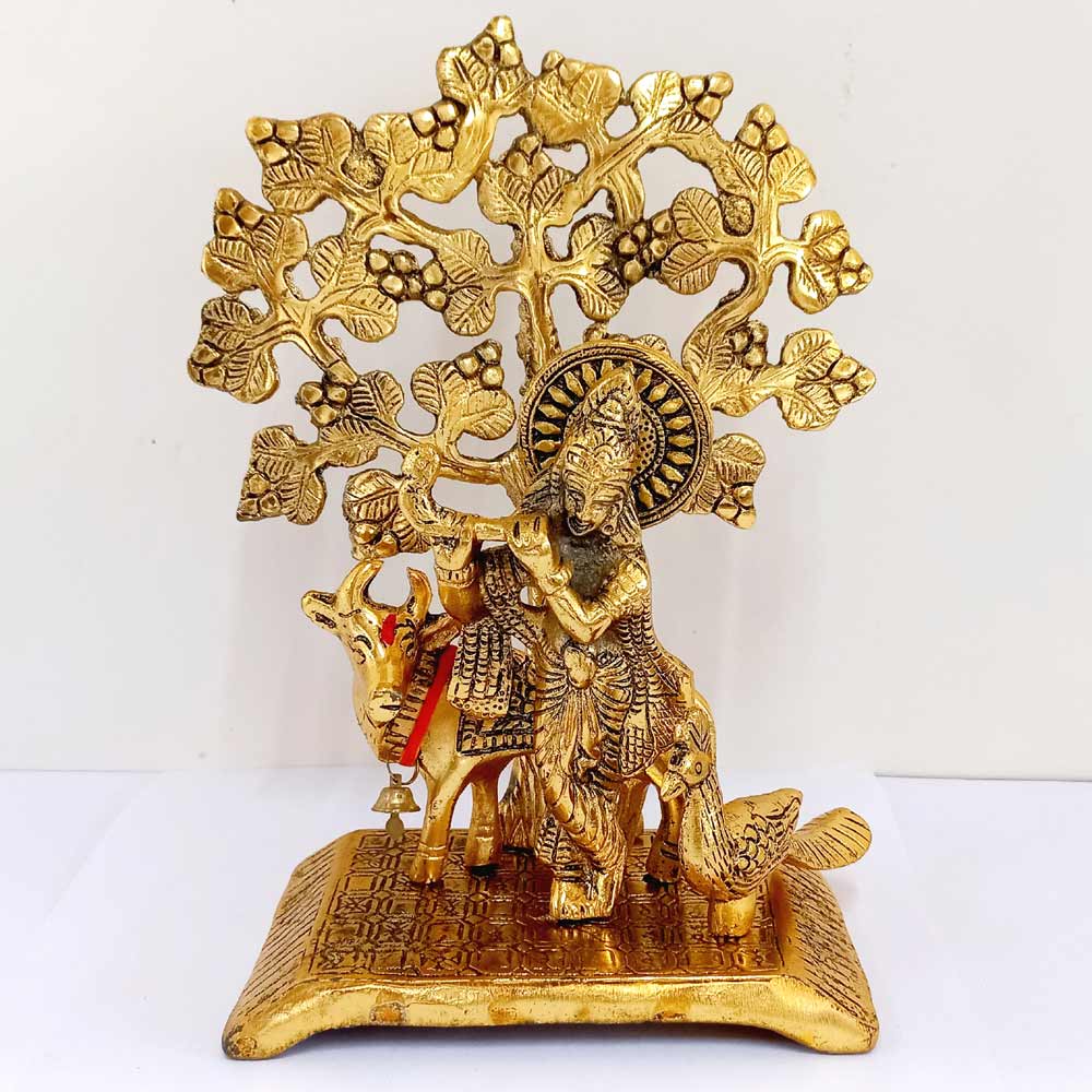 Divine Krishna metal idol (9cm width) – elegant pooja room centerpiece with golden shine.