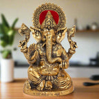 Exquisite Jaipur metal Ganesh statue with brass gold polish – 24cm traditional sitting pose for puja altar.