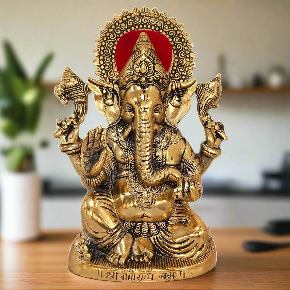 Exquisite Jaipur metal Ganesh statue with brass gold polish – 24cm traditional sitting pose for puja altar.