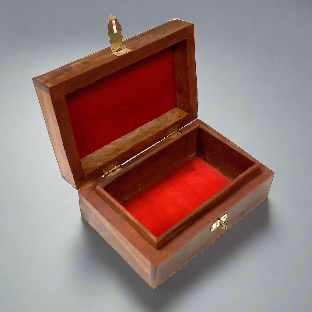 Carved wooden jewellery box with metal lock – 6cm height, ideal women gift with brass detailing.