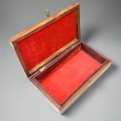 Spacious wooden jewelry box with upper floral carvings – brass work, natural finish for elegant vanity storage.