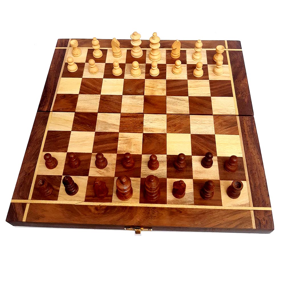Portable wooden folding chess set with smooth pieces – 20x20cm travel-friendly game board by KK Gift Store.