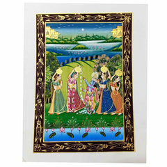 Front view Lord Krishna bursting Radha butter pot silk miniature painting details