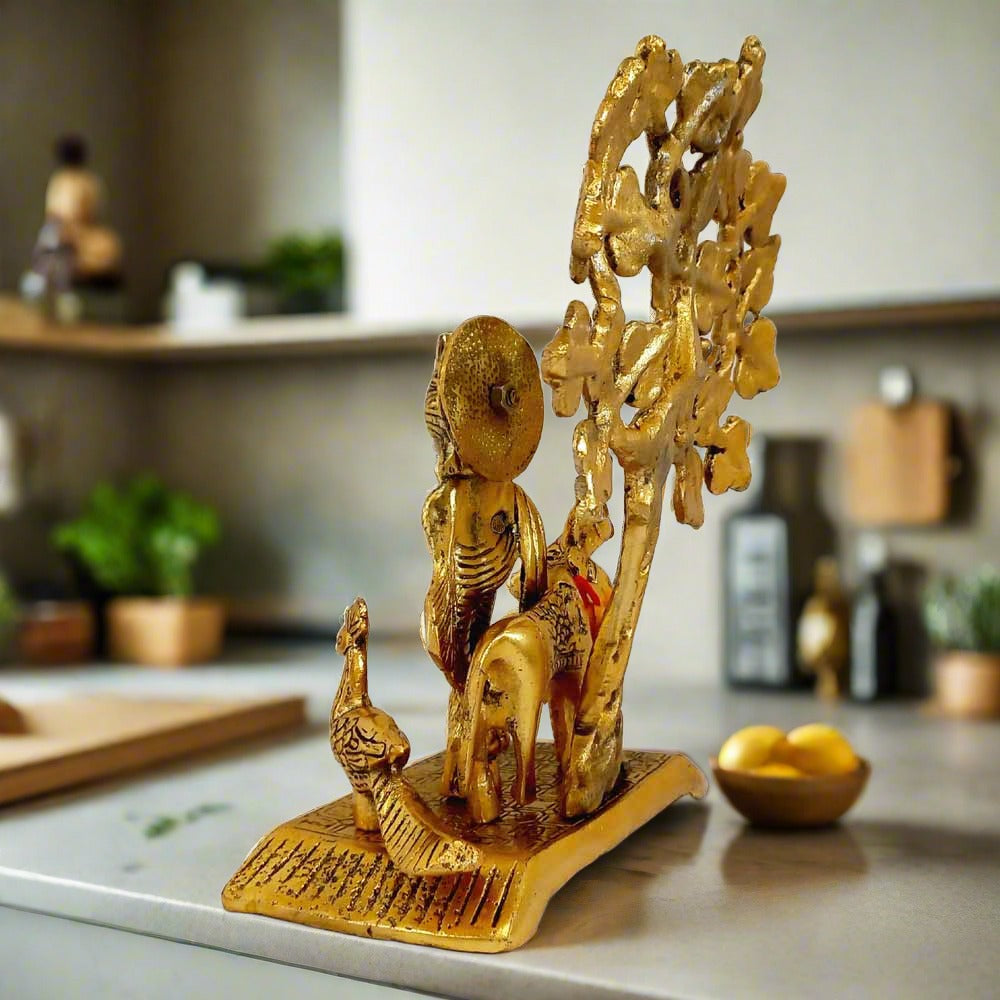 15cm length golden Krishna murti – symbolizes protection, love & prosperity for festivals.