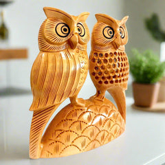 Close-up lattice mesh design on second owl with black painted eyes Indian handicraft wood showpiece