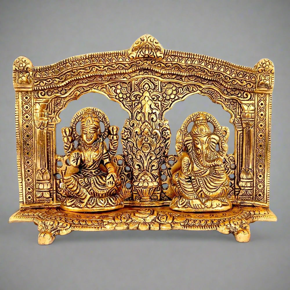 22cm metal Laxmi Ganesh seated idol with golden arch for pooja