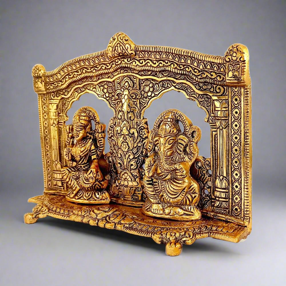Side angle 22cm golden metal Lakshmi Ganesh idol worship decor