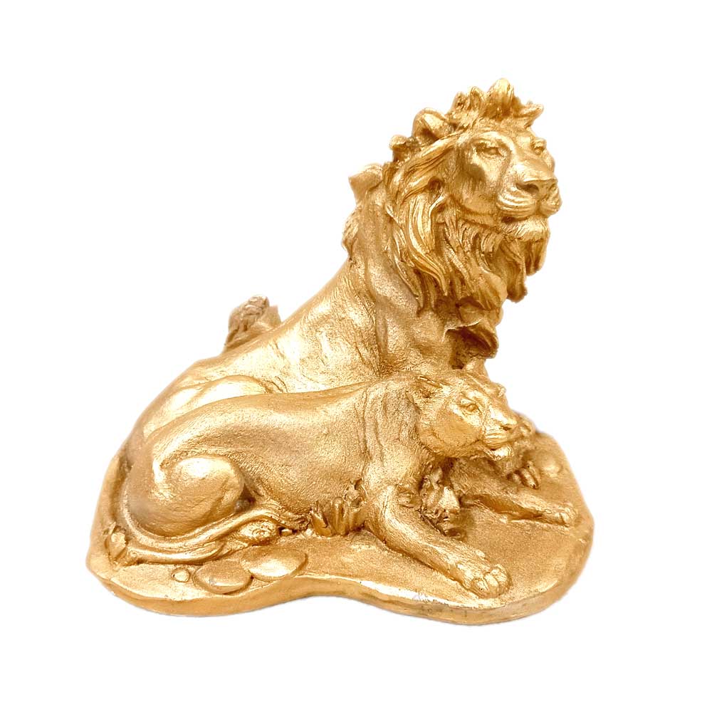 Side angle lion tiger seated resin showpiece gold finish 12cm width table decor