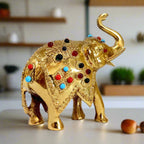 Side angle of 12cm handcrafted brass lucky elephant with trunk up, traditional Jaipur handicraft showpiece.
