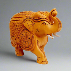  Lucky wooden elephant statue with raised trunk symbolizing positivity and fortune.