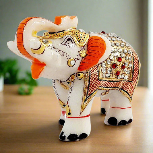 Side view of salamidar trunk lucky marble elephant hand-painted details.